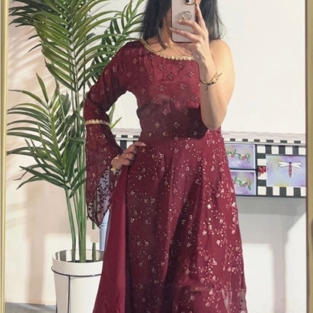 Elegant Wine-Color One-Shoulder Indian Dress